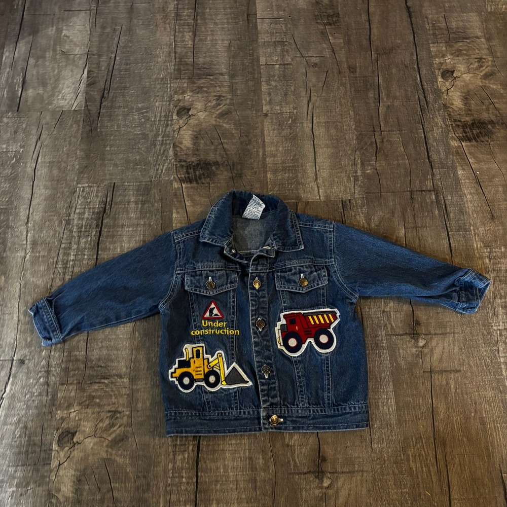 Vintage Kids Denim Jacket Size 2T‎ Construction Trucks Appliques Blue Jean Coat